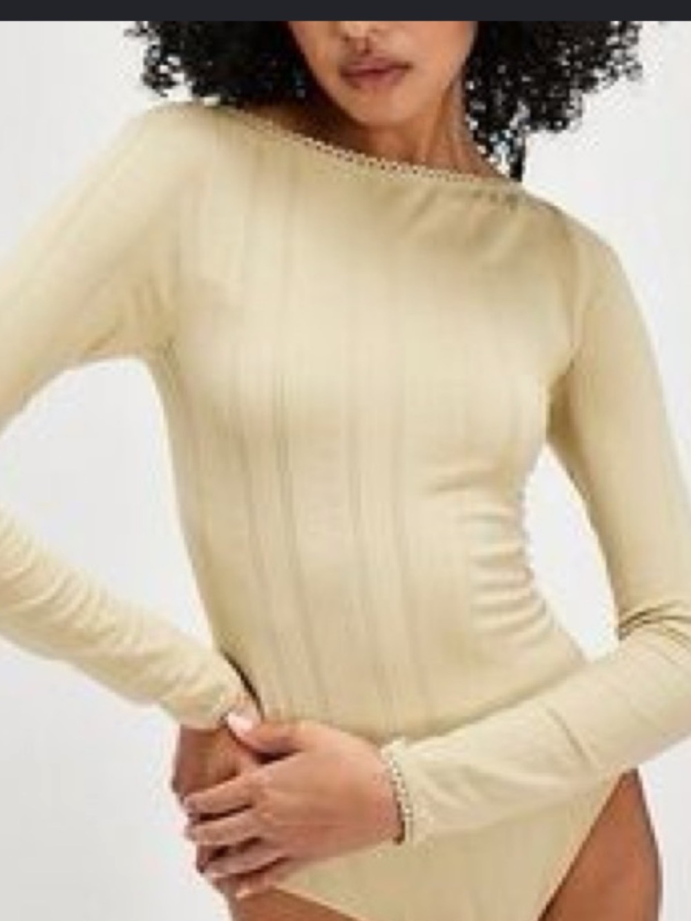Cream Ribbed Long-Sleeve Bodysuit